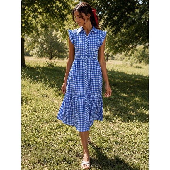 Draper James Dresses & Skirts - Draper James Patio Shirtdress Blue Gingham Flutter Sleeve Midi Dress 8 Medium